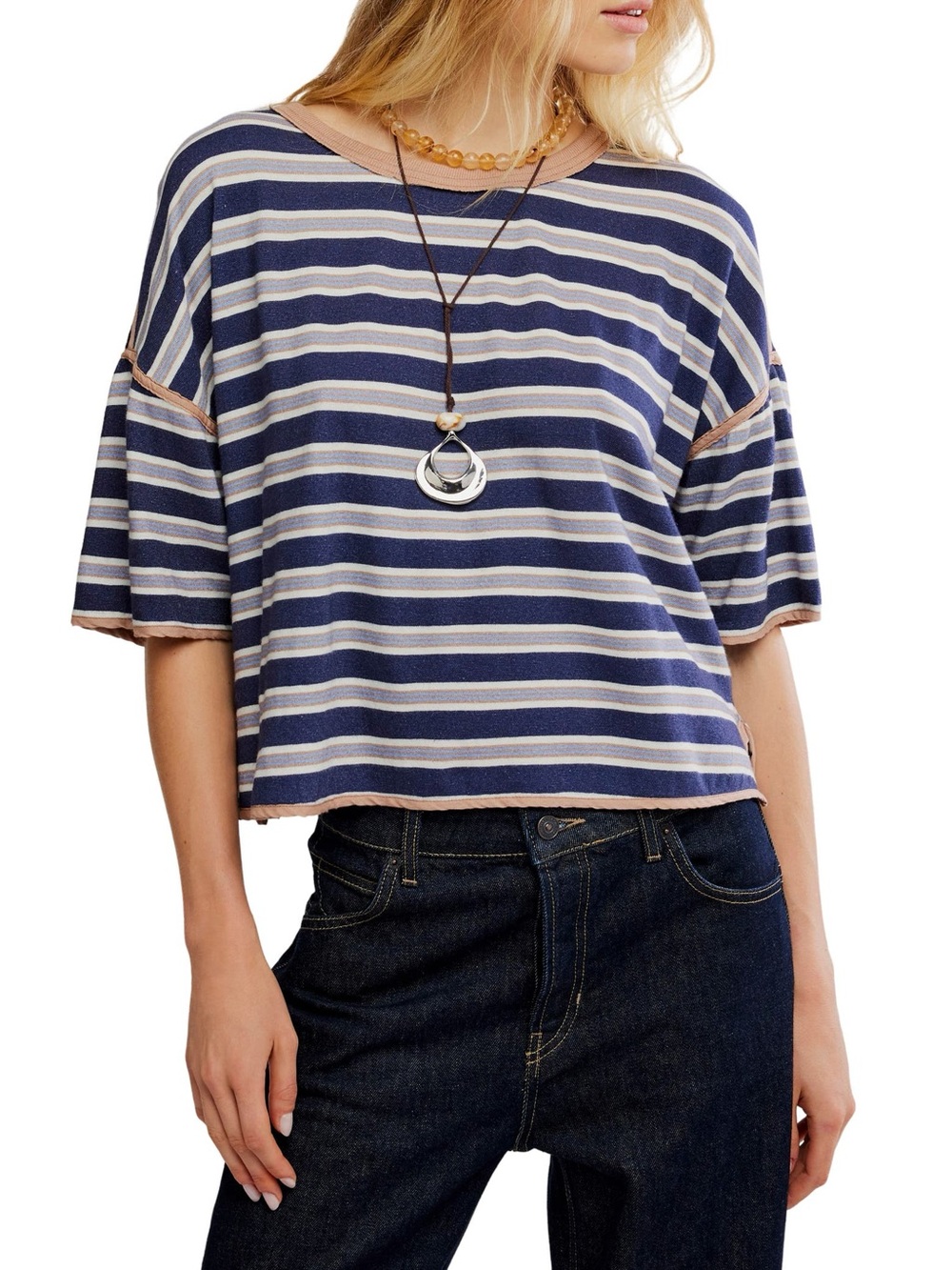 Free People โข We the Free Clean Rugby Tee in Medium Navy Combo